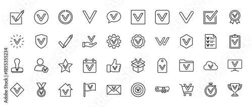 Business and productivity checkmark line icon set. Vector pictograms of calendar, shopping cart, folder, trophy, thumbs up, and mail, thin black outline illustration.