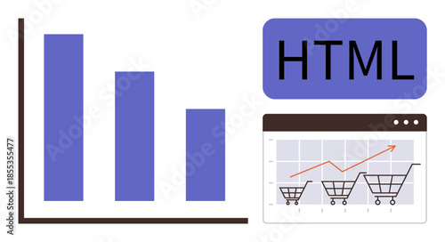 Bar chart analysis, shopping cart trends on a browser, HTML element. Ideal for e-commerce, marketing, coding, business strategy, web development, analytics simple flat metaphor