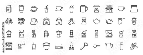 Coffee and barista line icon set. Vector pictograms of espresso machine, grinder, french press, moka pot, beans, kettle, pour over, and filter, thin outline illustration.