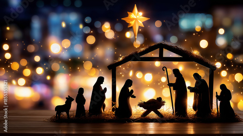 Religious holiday greeting card, black silhouette of nativity scene on holy evening with figures, spiritual celebration, traditional story, defocused background, with copy space