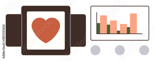 Heart symbol next to a data dashboard with bar chart highlighting emotional analytics. Ideal for healthcare, well-being, data analysis, emotion tracking, health monitoring, business insights, social