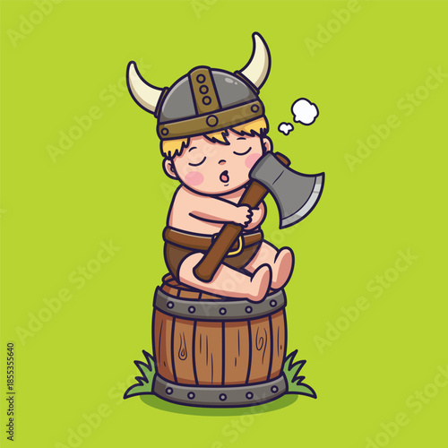 ute Cartoon Baby Viking Sleeping on Barrel with Axe and Helmet Vector Illustration