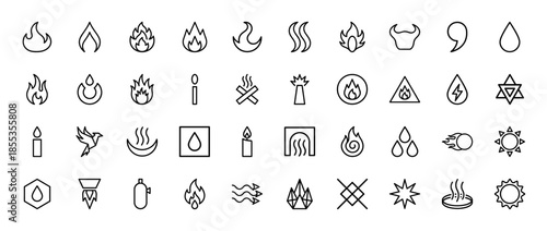 Fire and heat line icon set. Vector pictograms of flame, candle, phoenix, gas tank, match, campfire, sun, and steam, thin outline illustration.