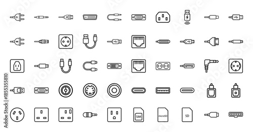 Computer hardware and electronics line icon set. Vector pictograms of usb cable, power outlet, ethernet port, memory card, and audio jack, thin outline illustration.