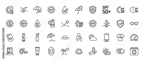 Sun protection and skincare line icon set. Vector pictograms of sunscreen, SPF, ultraviolet rays, sunglasses, hat, umbrella, and aloe vera, thin outline illustration.