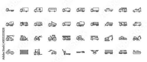 Logistics and construction vehicle line icon set. Vector pictograms of truck, crane, tractor, excavator, forklift, ship, train, and drone, thin outline illustration.