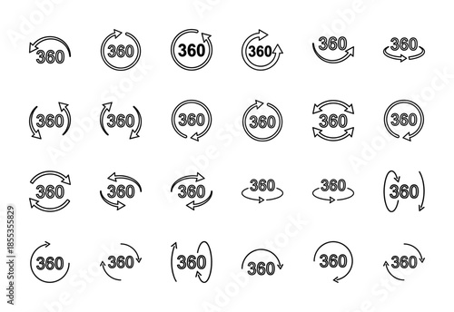 Three hundred sixty degree view line icon set. Vector pictograms of rotation, panoramic camera, virtual reality, spin, and spherical turn, thin outline illustration.