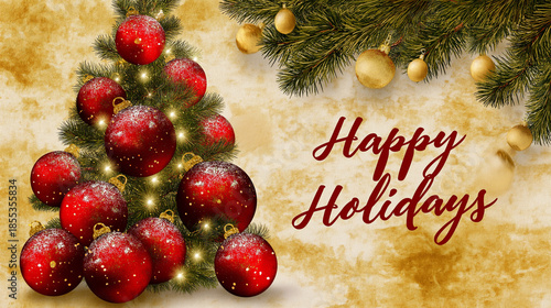 Holiday celebration modern greeting card postcard, decorative tree with ornament balls, isolated on white paper texture background, festive illustration, seasonal design, with copy