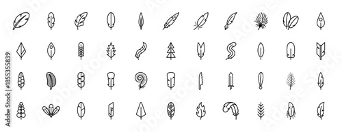 Bird feather and quill line icon set. Vector pictograms of plumage, wing, pen, arrow, sword, leaf, and tribal elements, minimal thin outline illustration.