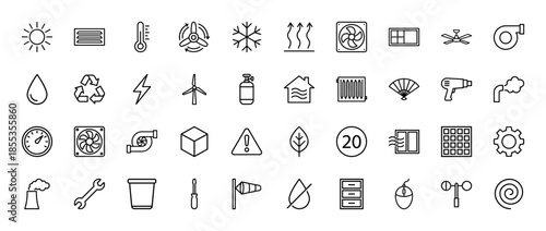 Hvac and ventilation line icon set. Vector pictograms of fan, air conditioner, heater, thermometer, sun, snowflake, wind, radiator, and chimney, thin outline illustration.
