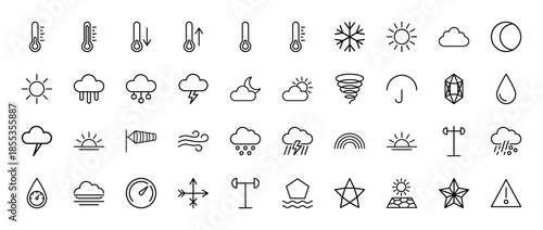 Weather line icon set. Vector pictograms of thermometer, sun, cloud, rain, snow, wind, lightning, moon, tornado, and humidity, thin outline illustration.