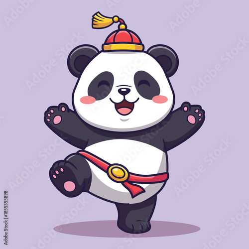 Cute Cartoon Panda in Chinese Hat Standing on One Leg with Happy Expression Vector Illustration