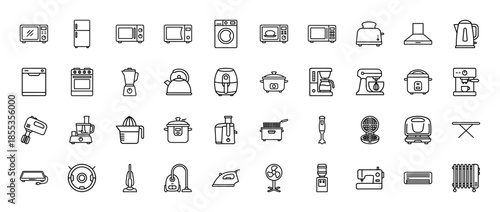 Home appliances icon set. Vector pictograms of refrigerator, microwave, washing machine, vacuum, iron, toaster, and blender, black outline style illustration.