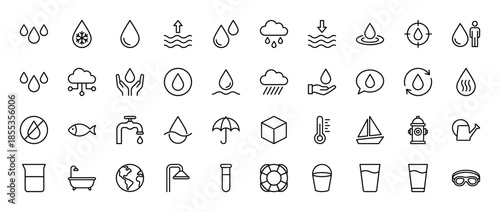 Water and environment line icon set. Vector pictograms of raindrops, faucet, clouds, umbrella, glass, bucket, boat, and globe, thin outline illustration.