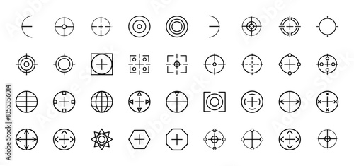 Precision target line icon set. Vector pictograms of crosshair, sniper, aim, scope, focus, rangefinder, pointer, optical, reticle and sight, thin outline illustration.