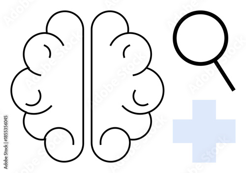 Brain illustration accompanied by magnifying glass and medical cross, symbolizing mental health, analysis, intellect, research, healthcare, diagnosis, and cognitive exploration. Ideal for science