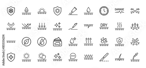 Dermatology line icon set. Vector pictograms of moisturizer, sunscreen, skin pores, hydration, collagen, wrinkles, and serum, thin outline illustration.