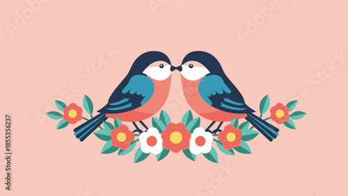 Two Birds Perched on Flowers Facing.