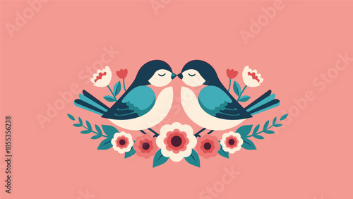 Two Birds Perched on Floral Branch Together.