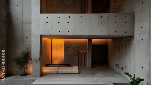Modern Concrete Building Entrance with Warm Lighting