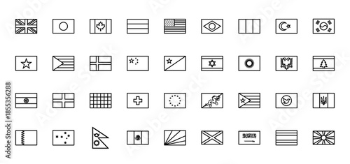 International geography line icon set. Vector pictograms of national flags from various countries and regions, black thin outline illustration for travel and global study.