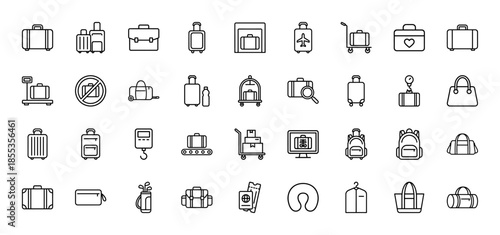 Luggage and travel line icon set. Vector pictograms of suitcase, backpack, baggage scale, passport, trolley, and terminal security, thin outline illustration.