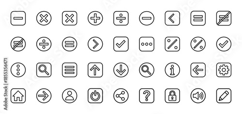 Universal interface line icon set featuring vector pictograms of mathematical symbols, navigation arrows, search magnifying glass, user profile, and home interface controls.