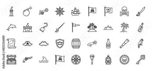 Pirate adventure line icon set. Vector pictograms of ship, treasure chest, skull, cannon, anchor, map, compass, and sword, black thin outline illustration.