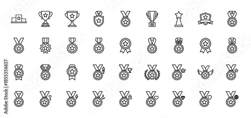 Achievement and reward line icon set. Vector pictograms of trophy, medal, award, pedestal, star, shield, wreath, crown, and ribbon, thin outline illustration.