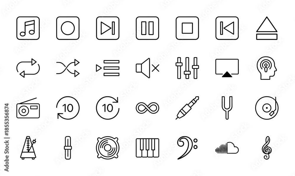 Fototapeta premium Music and audio line icon set. Vector pictograms of media player controls, radio, metronome, speaker, headphones, piano, and musical notes, thin outline illustration.