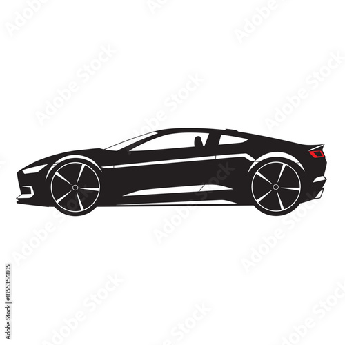 Black silhouette vector illustration of a modern sports car side view, isolated on white background perfect for automotive logos or racing icons