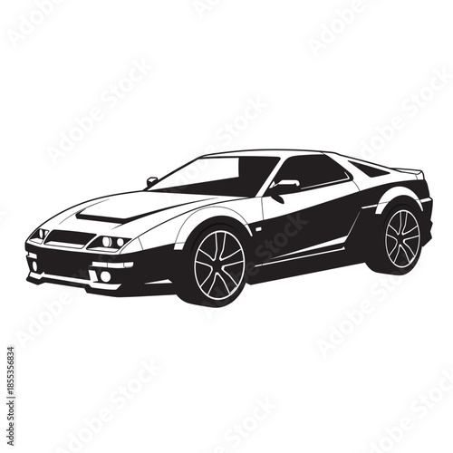 Modern sports car vector illustration in black and white minimalist style isolated on white background
