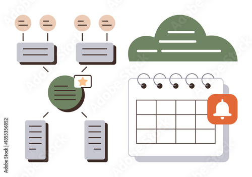 Flowchart with interconnected tasks, cloud storage icon, calendar, and notification bell. Ideal for organization, planning, workflow, productivity, reminders cloud solutions simple flat metaphor