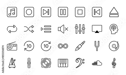 Music and audio line icon set. Vector pictograms of media player controls, radio, metronome, speaker, headphones, piano, and musical notes, thin outline illustration.