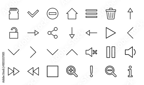 Interface line icon set. Vector pictograms of sd card, trash can, home, menu, volume, playback controls, share, and zoom, thin outline illustration.