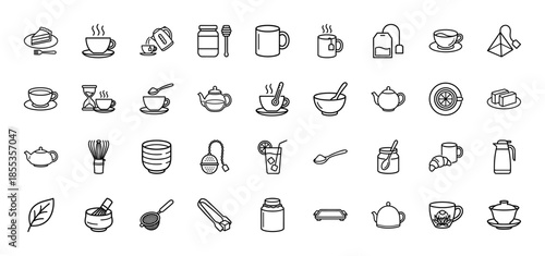 Tea and beverage line icon set featuring vector pictograms of teapots, cups, matcha whisk, honey jar, tea bags, and lemon slices in thin outline illustration style.