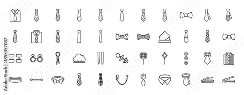 Menswear accessories line icon set. Vector pictograms of neckties, bowties, shirts, pocket squares, cufflinks, tie clips, and collars, thin outline illustration.