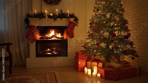 A cozy living room scene with a lit fireplace and a decorated Christmas tree beside it on a winter evening