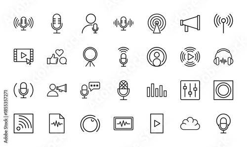 Podcast and audio broadcasting line icon set. Vector pictograms of microphone, megaphone, headphones, equalizer, radio antenna, and waveform, thin outline illustration.