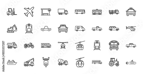 Transportation line icon set. Vector pictograms of airplane, bus, train, taxi, truck, ship, helicopter, tractor, motorcycle, and submarine, thin outline illustration.
