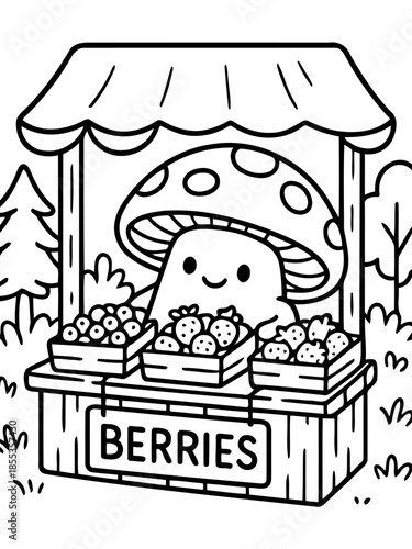 Berry Market Stall: An adorable anthropomorphic mushroom stands behind a market stall overflowing with fresh, vibrant berries, inviting a touch of woodland whimsy to any creative project.