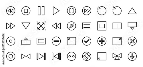 Multimedia and player control icon set. Vector pictograms of play, pause, stop, record, fast forward, rewind, skip, eject, shuffle and repeat, thin outline illustration.