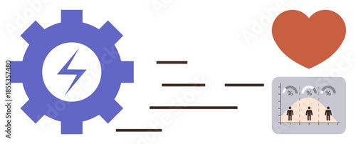 Gear with lightning bolt, chart, and heart representing energy efficiency, health improvement, and data insights. Ideal for health, energy, analytics, sustainability wellness teamwork technology