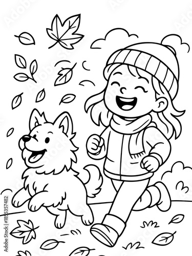 Autumn Fun: A joyful cartoon shows a child and a dog happily frolicking in a vibrant autumn scene, embracing the essence of seasonal delight.