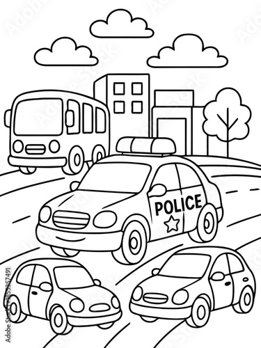 City Traffic Illustration: A cartoon depiction of urban transport, featuring a police car leading a convoy of vehicles through the city streets, including a bus, accompanied by buildings and trees.