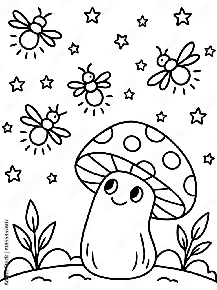 Fototapeta premium Enchanted Forest Delight: A whimsical illustration showcases a charming mushroom character under a starry night sky, with playful fireflies dancing around. 