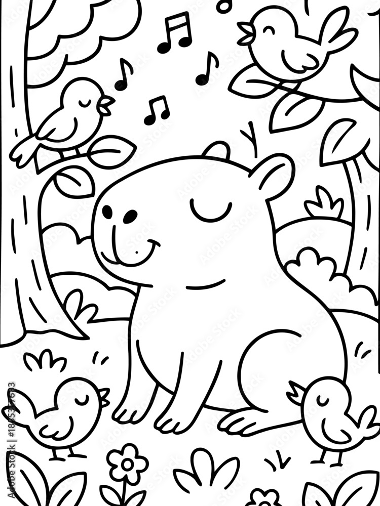 Obraz premium Capybara's Serenade: A cheerful illustration depicts a capybara serenaded by songbirds, showcasing a moment of tranquil interaction.