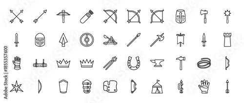 Medieval fantasy line icon set featuring vector pictograms of swords, bows, shields, helmets, axes, arrows, crowns, and blacksmith tools, thin outline illustration.