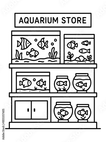 Aquarium Store Illustration: A detailed outline drawing showcases a charming aquarium store, filled with various fish tanks and aquariums housing aquatic life.