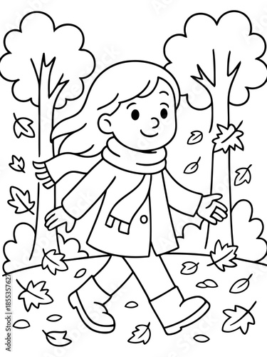 Autumn Stroll: A charming cartoon depiction of a girl enjoying a walk amidst falling leaves in an autumnal woodland, exuding the crisp, cozy essence of fall.